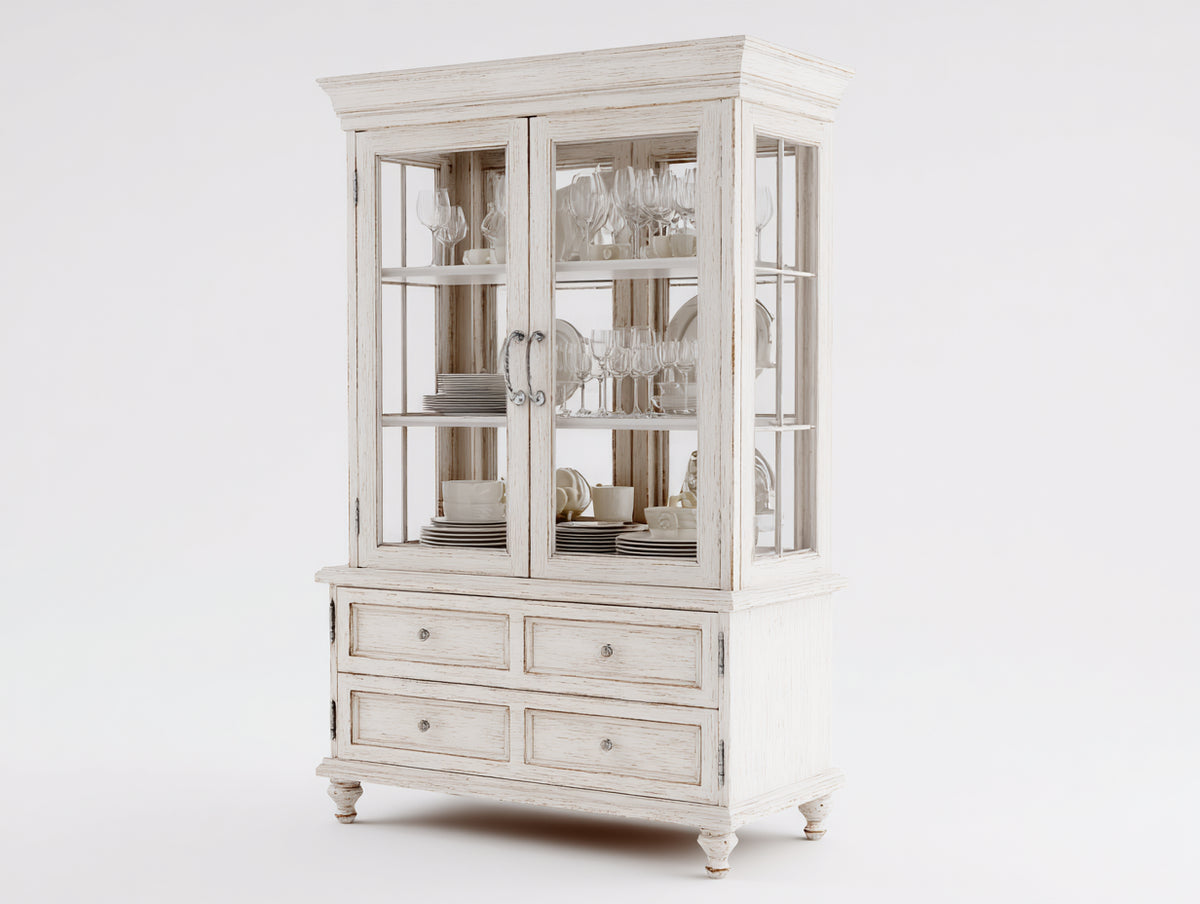 Vitrine - Bois-Verre - 104x45x194 cm - Blanc vieilli - Style campagne