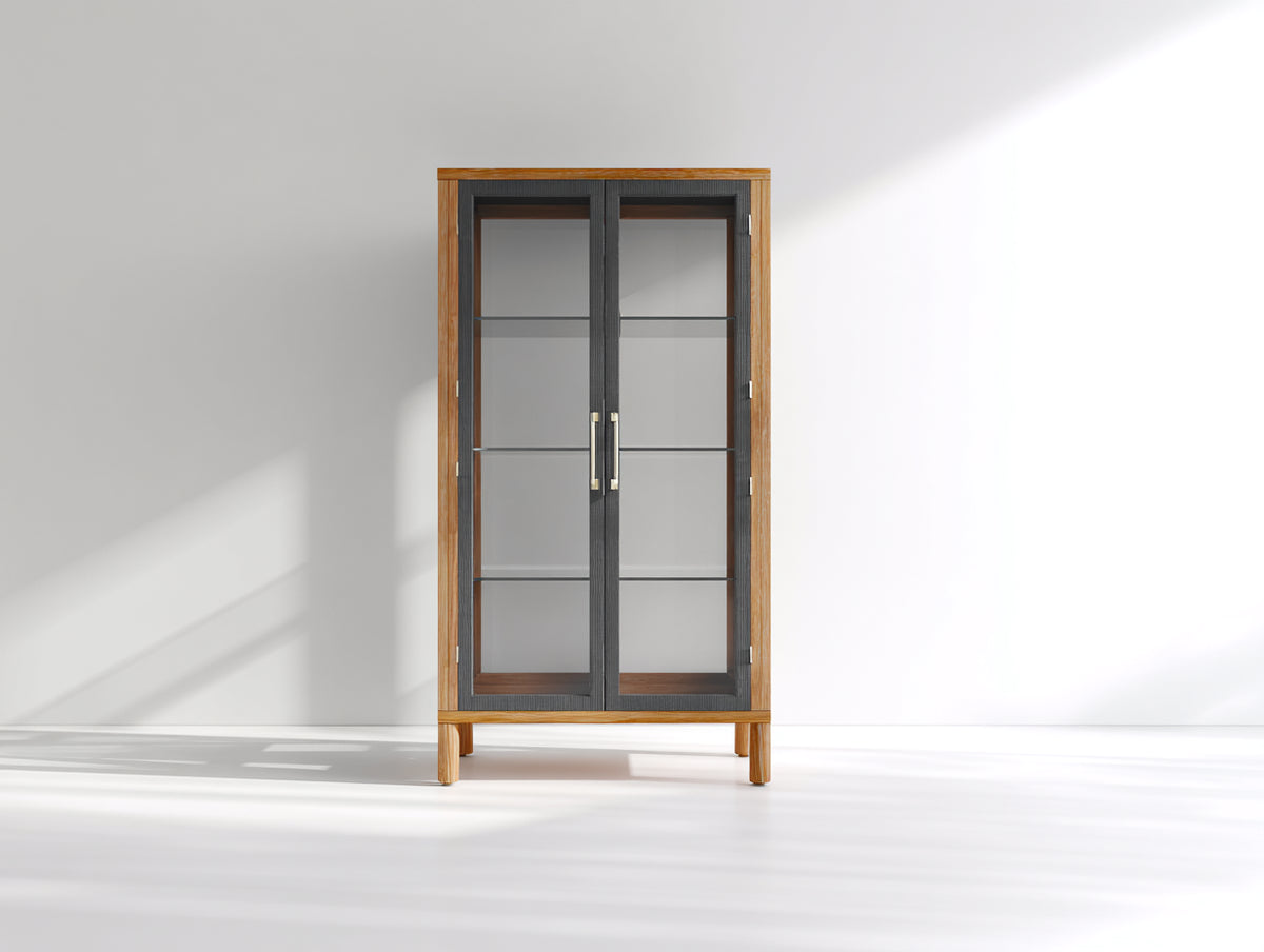 Vitrine - Bois-Verre - 78x40x176 cm - Marron naturel-Noir - Style moderne