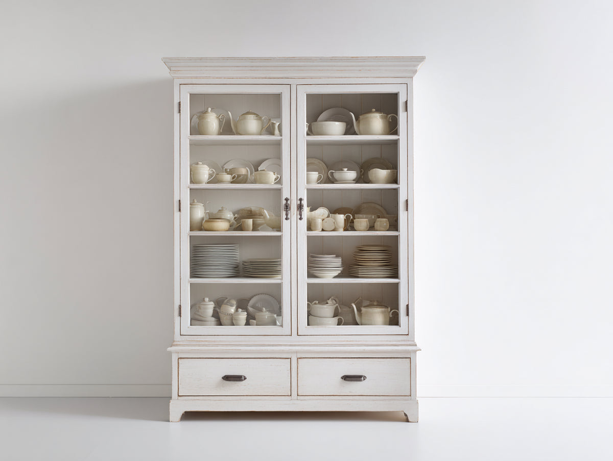 Vitrine - Bois-Verre - 108x42x190 cm - Blanc vieilli - Style campagne