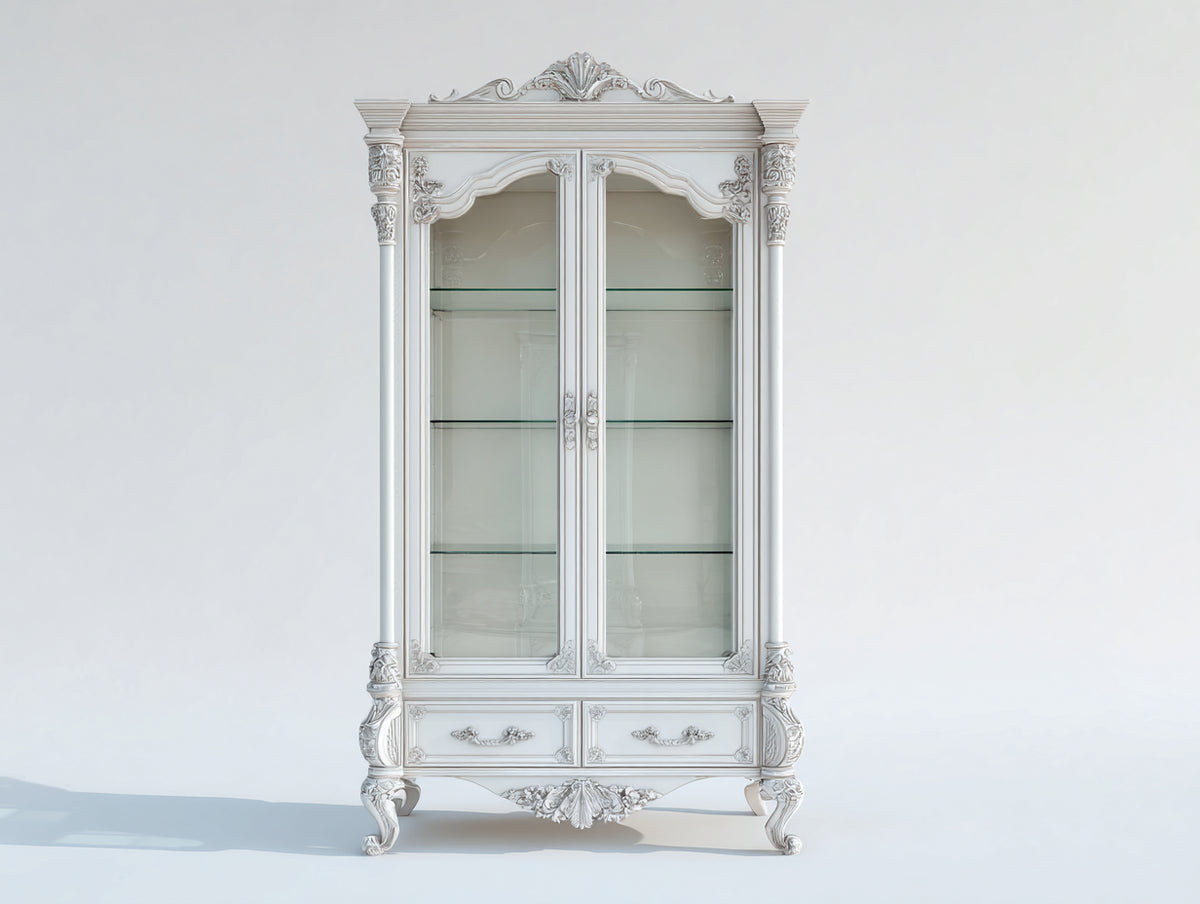 Vitrine - Bois-Verre - 98x45x202 cm - Blanc patiné - Style classique