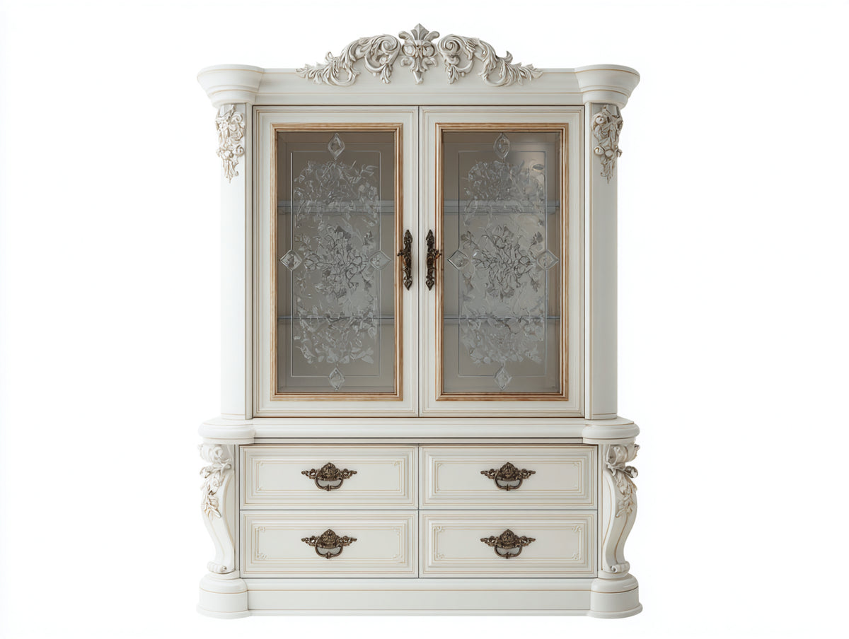 Vitrine - Bois-Verre - 112x49x198 cm - Blanc ivoire-Doré - Style baroque