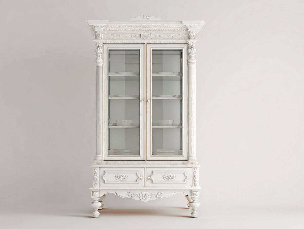 Vitrine - Bois-Verre - 100x46x201 cm - Blanc ivoire - Style baroque
