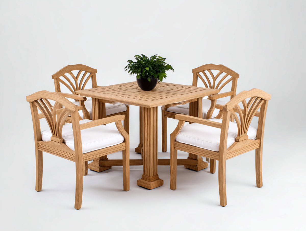 Salon de jardin repas - bois massif-tissu - 118 x 118 x 76 cm - bois blond-blanc - style traditionnel